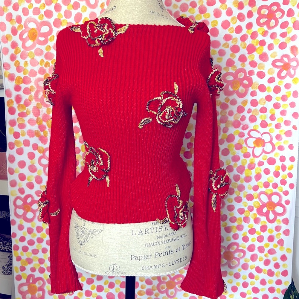 Handcrafted sweater one of a kind flowers red gold roses  crochet ribbed sweater